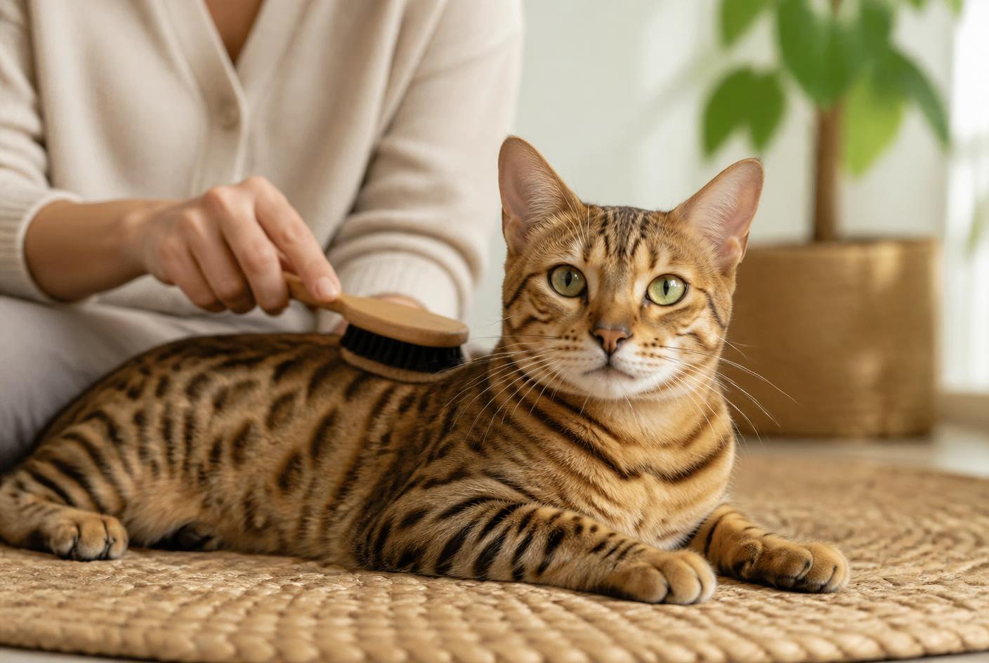 An Ocicat being brushed with a grooming mitt, showing its short spotted coat.