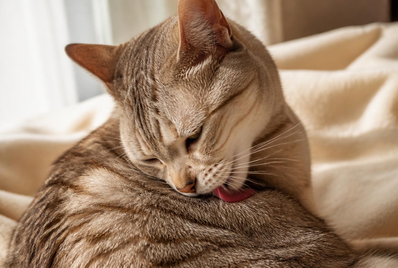 Close-up of a shorthaired cat grooming its shoulder in warm window light