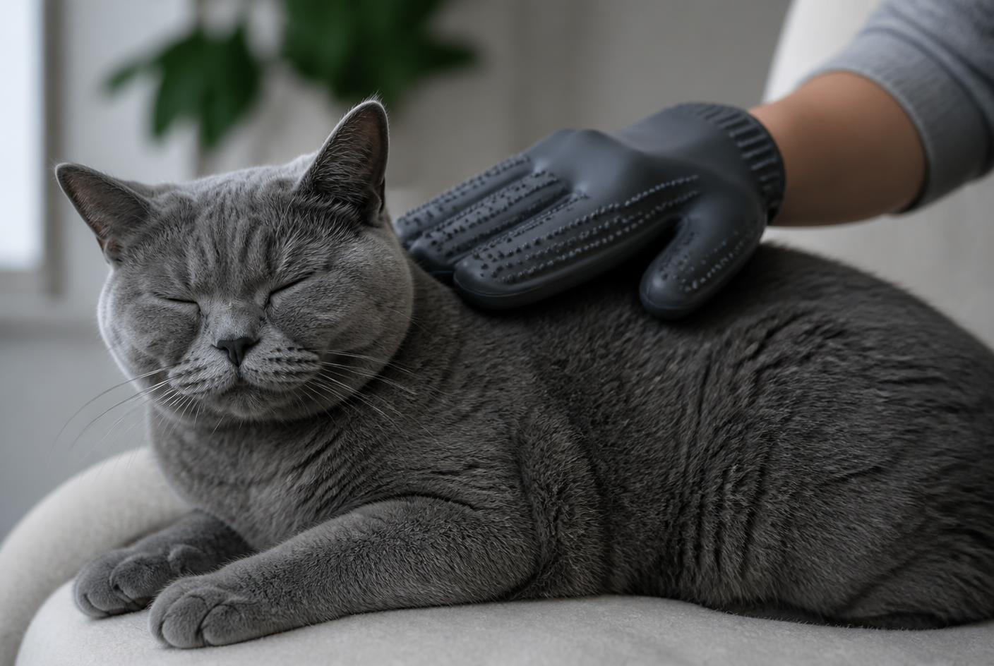A Chartreux being combed with a wide-tooth comb, showing its dense blue woolly coat.