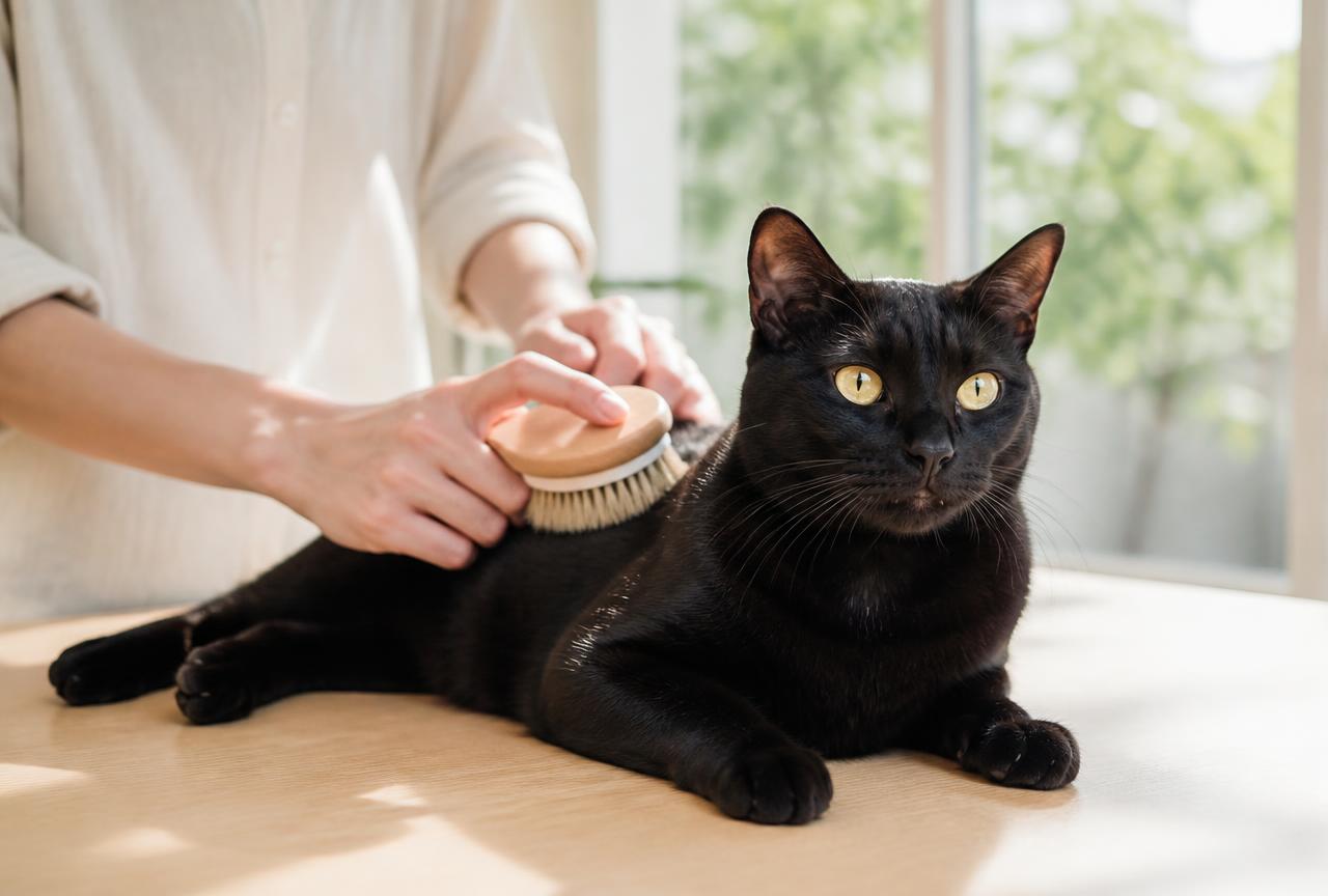 A person gently brushing a relaxed Bombay cat with a soft brush