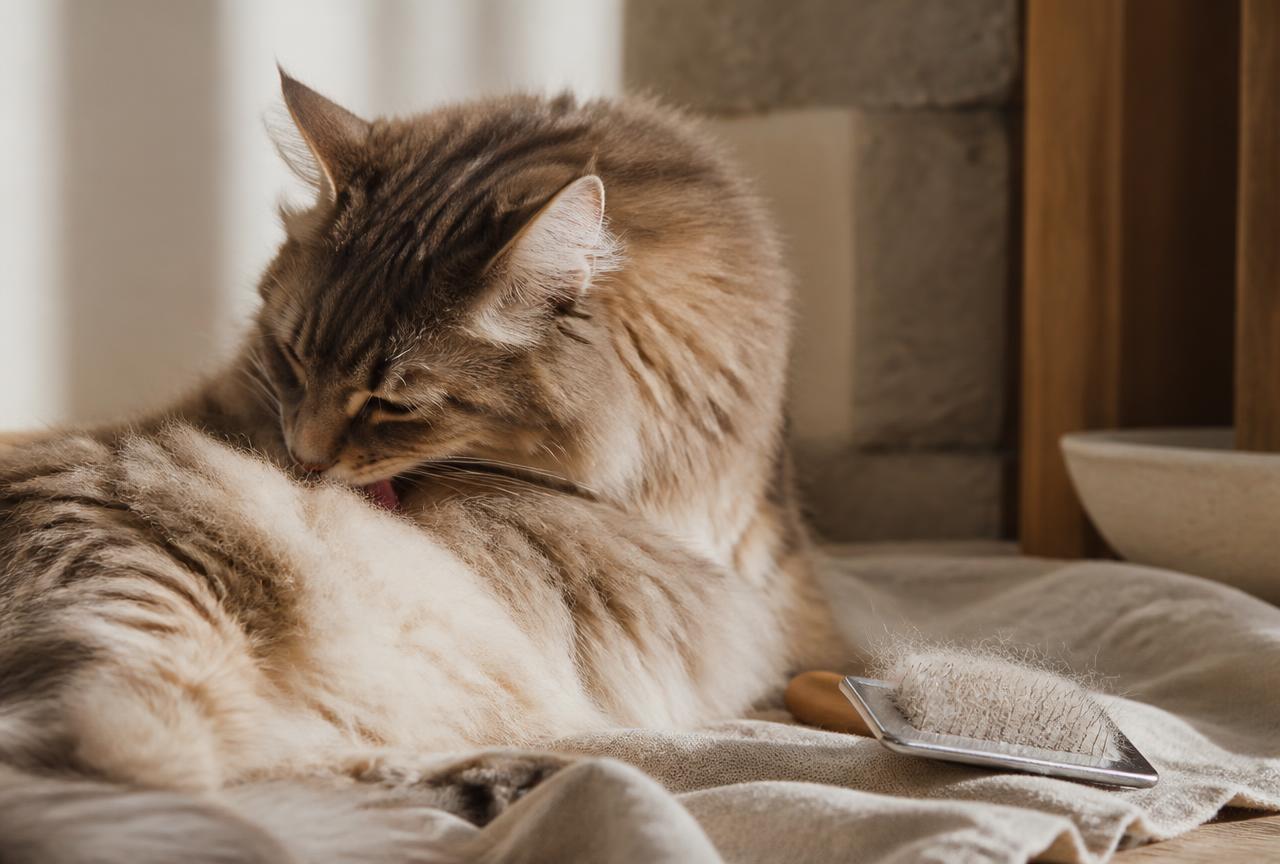 A long-haired cat licking its flank on a cream blanket with a slicker brush full of collected fur beside it