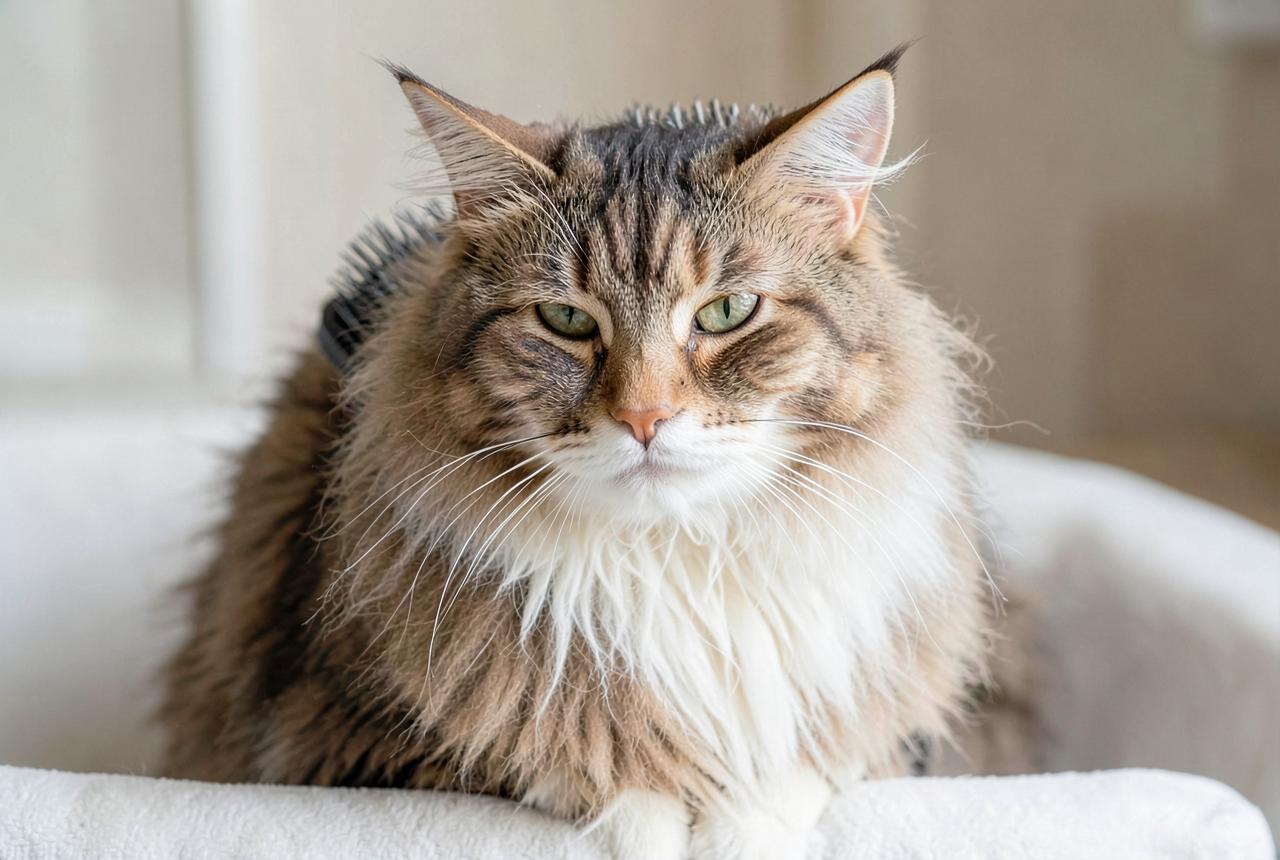 Hands combing the flank of a relaxed longhaired cat with a wide-tooth comb