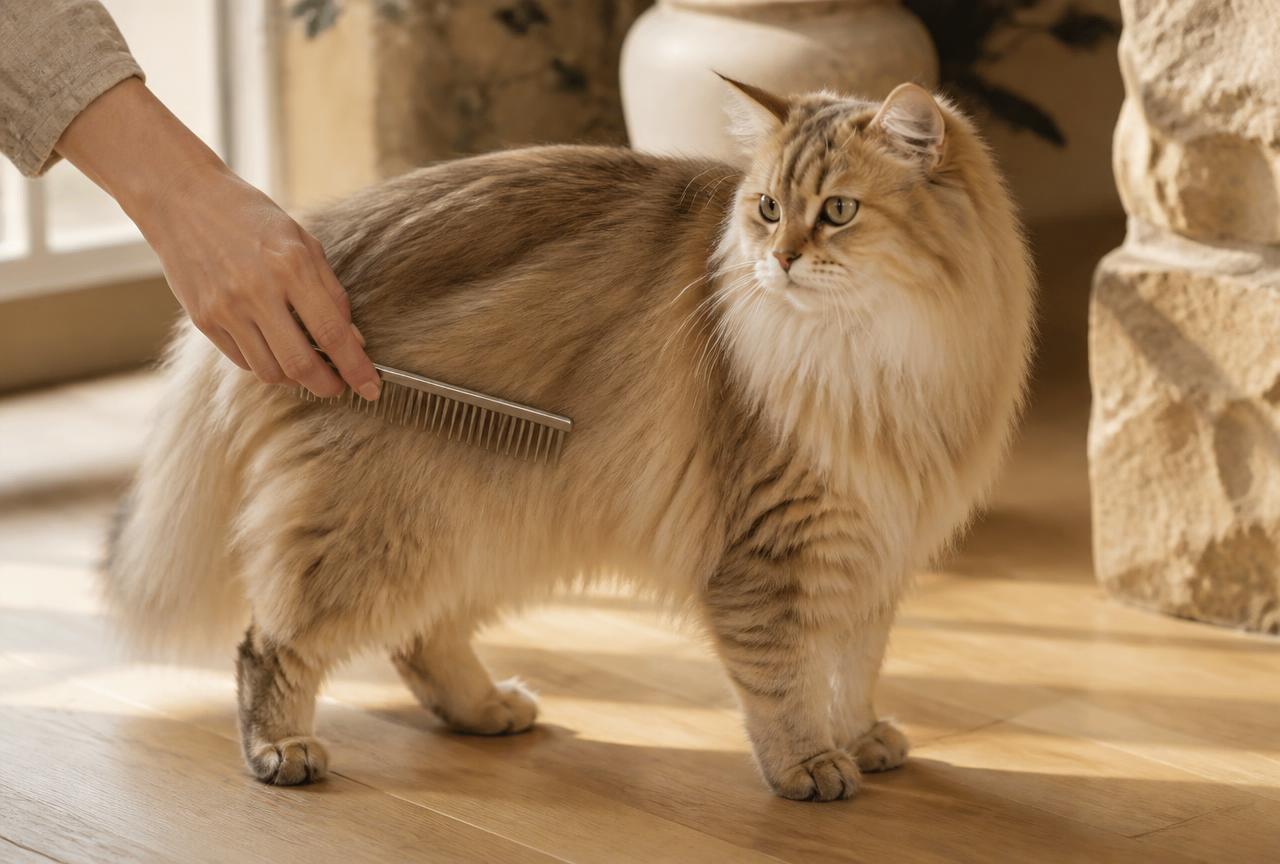 A hand combing the flank of a long-haired cream cat standing calmly on an oak floor