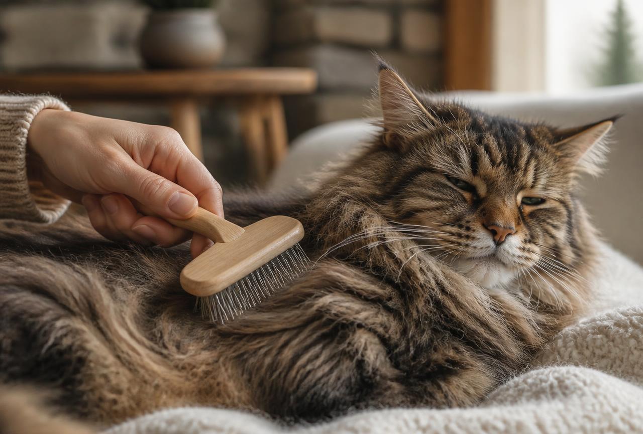A hand brushing an older long-haired tabby cat lying on a cream throw with a soft slicker brush
