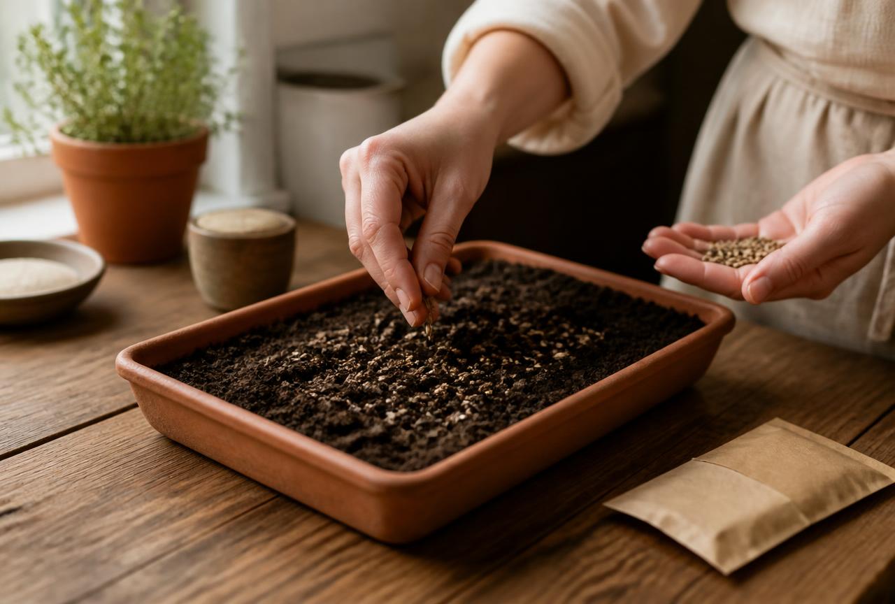 Hands sowing grass seed into a terracotta tray of potting soil