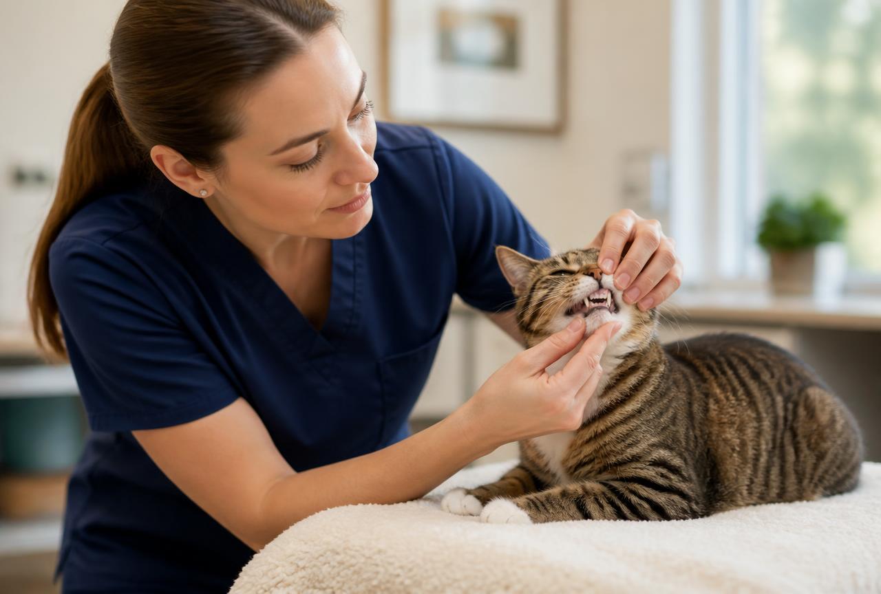 A veterinarian gently lifting a tabby cat's lip to inspect the gums during a calm consultation