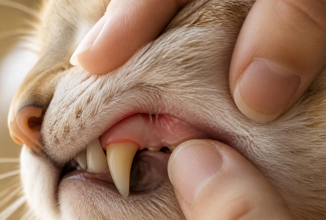 Close-up of fingers lifting a cream cat's upper lip to reveal the gum line above the canine tooth