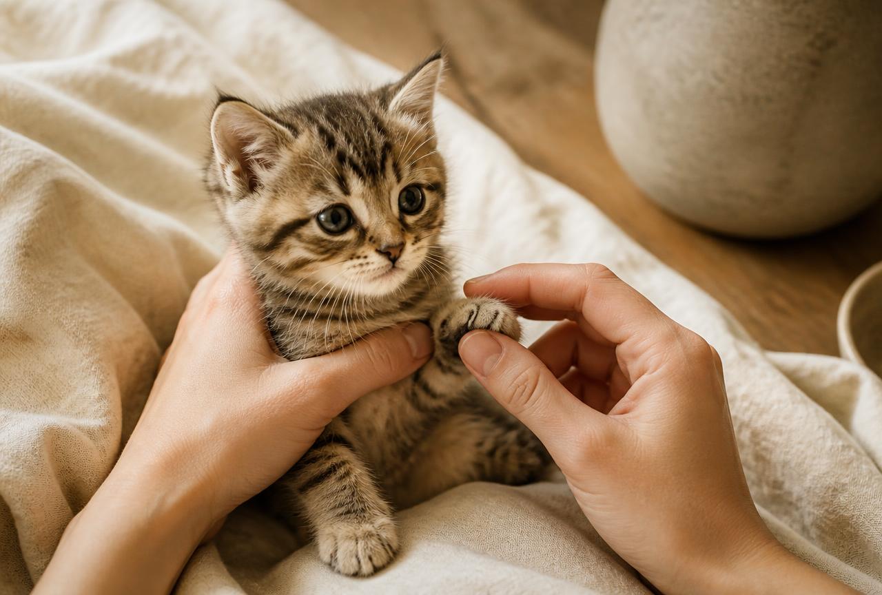 Two adult hands gently holding a small tabby kitten on a cream blanket, one hand supporting the chest and the other touching a front paw