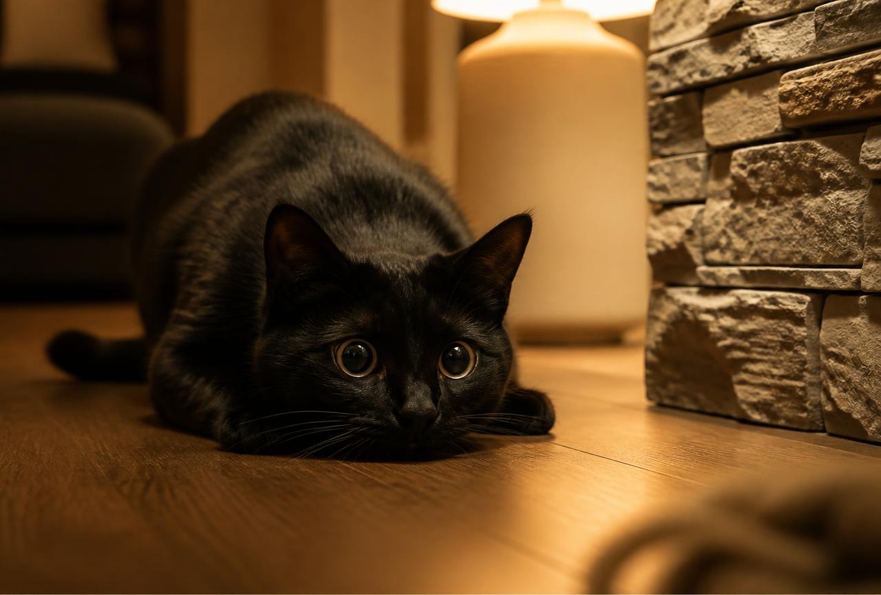 A black cat crouched low with dilated pupils in warm lamplight