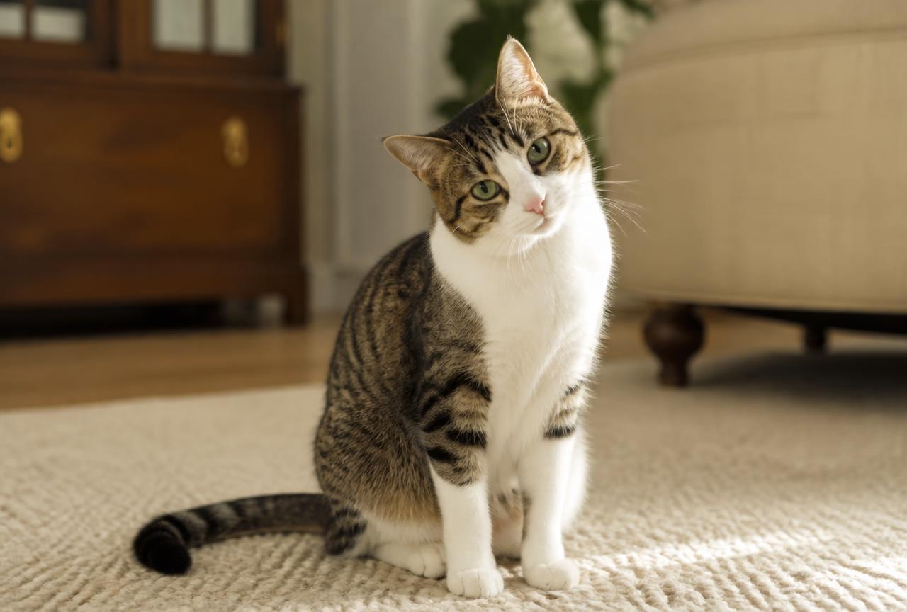 A tabby and white cat sitting with its head tilted to one side on a cream rug