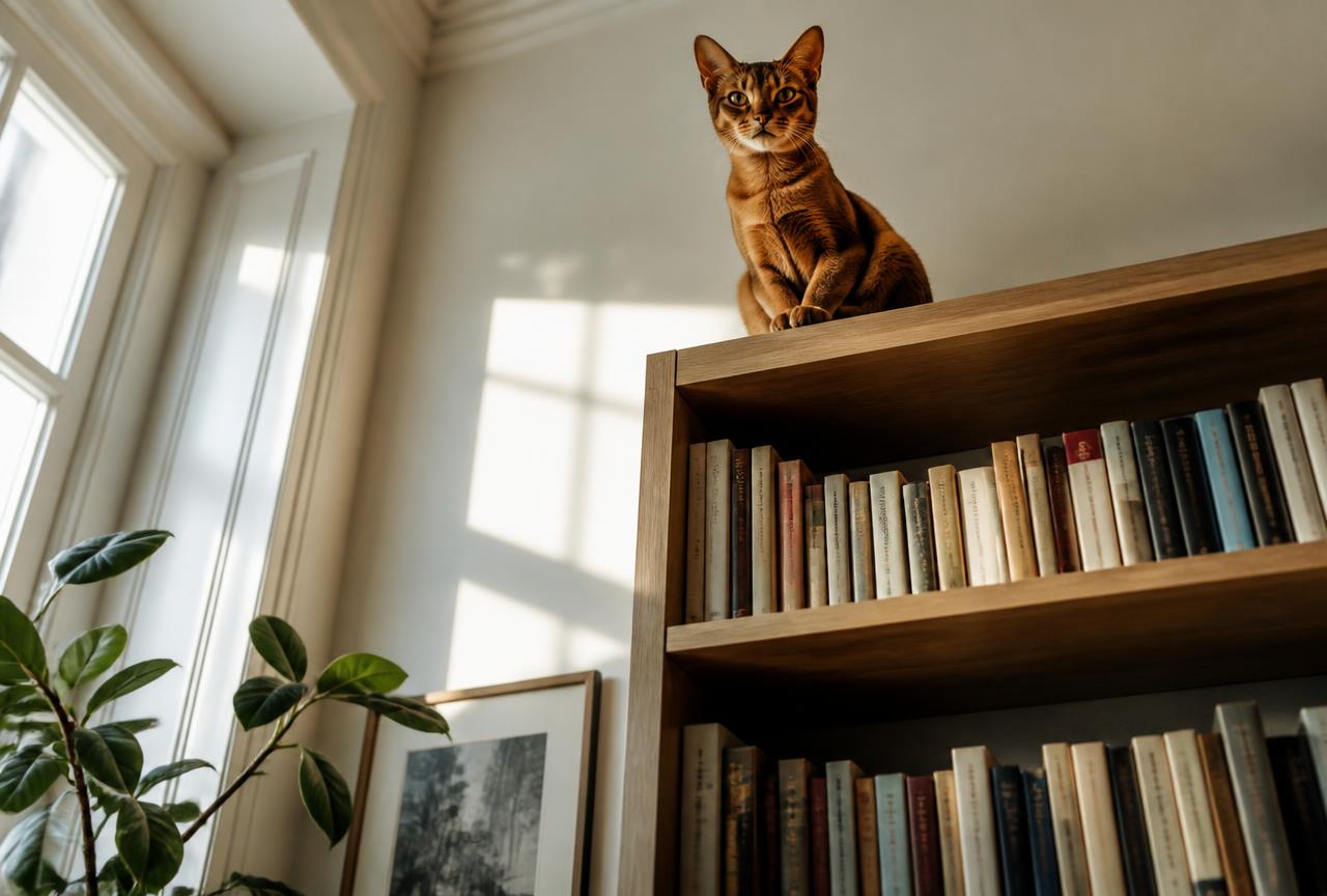 A ruddy Abyssinian cat sitting on top of a tall bookshelf in a sunlit room looking down