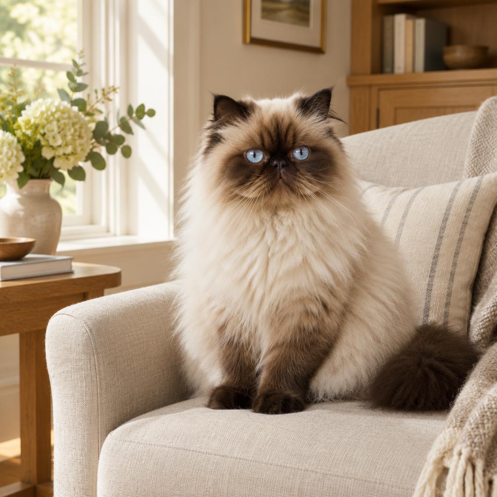 A colourpoint Himalayan cat with blue eyes and long cream fur sitting in warm window light