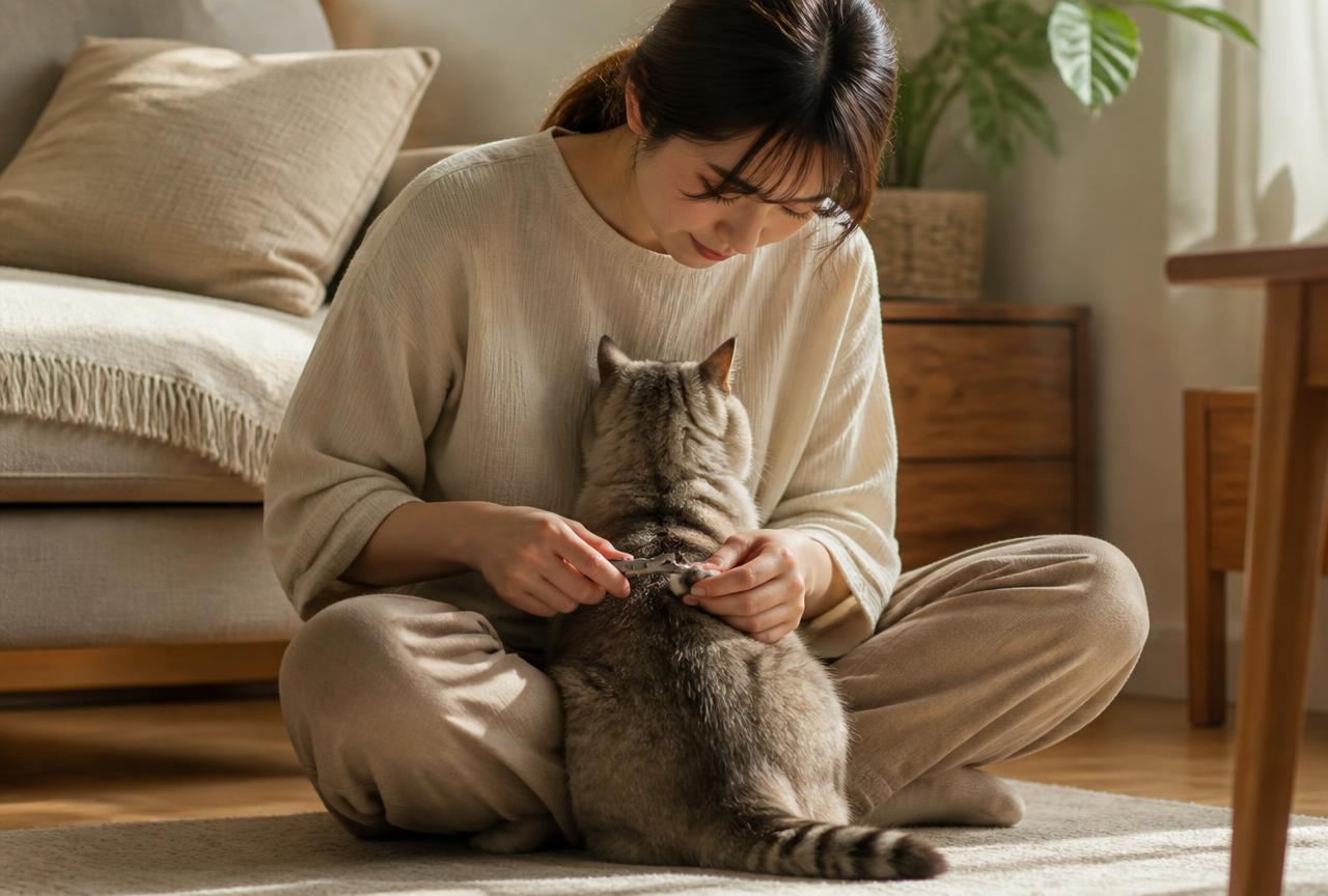 A person sitting cross-legged on a rug trimming the claw of a relaxed tabby cat facing away between their knees