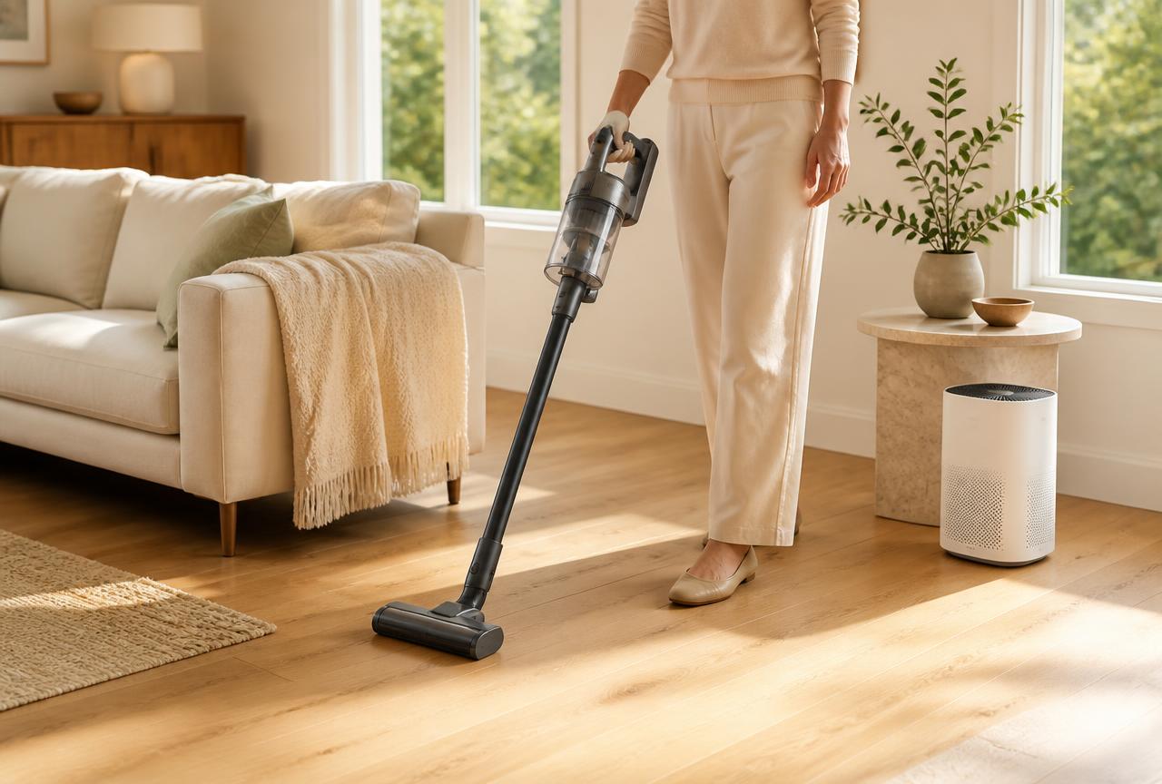 A bright living room being vacuumed, an air purifier beside a stone side table