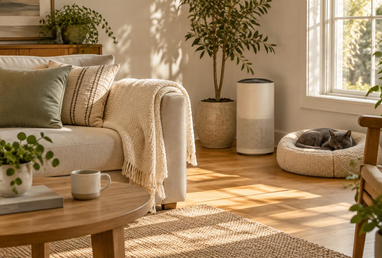 A sunlit living room with a cream throw over the sofa arm, an air purifier by a plant and a grey cat asleep in a round bed