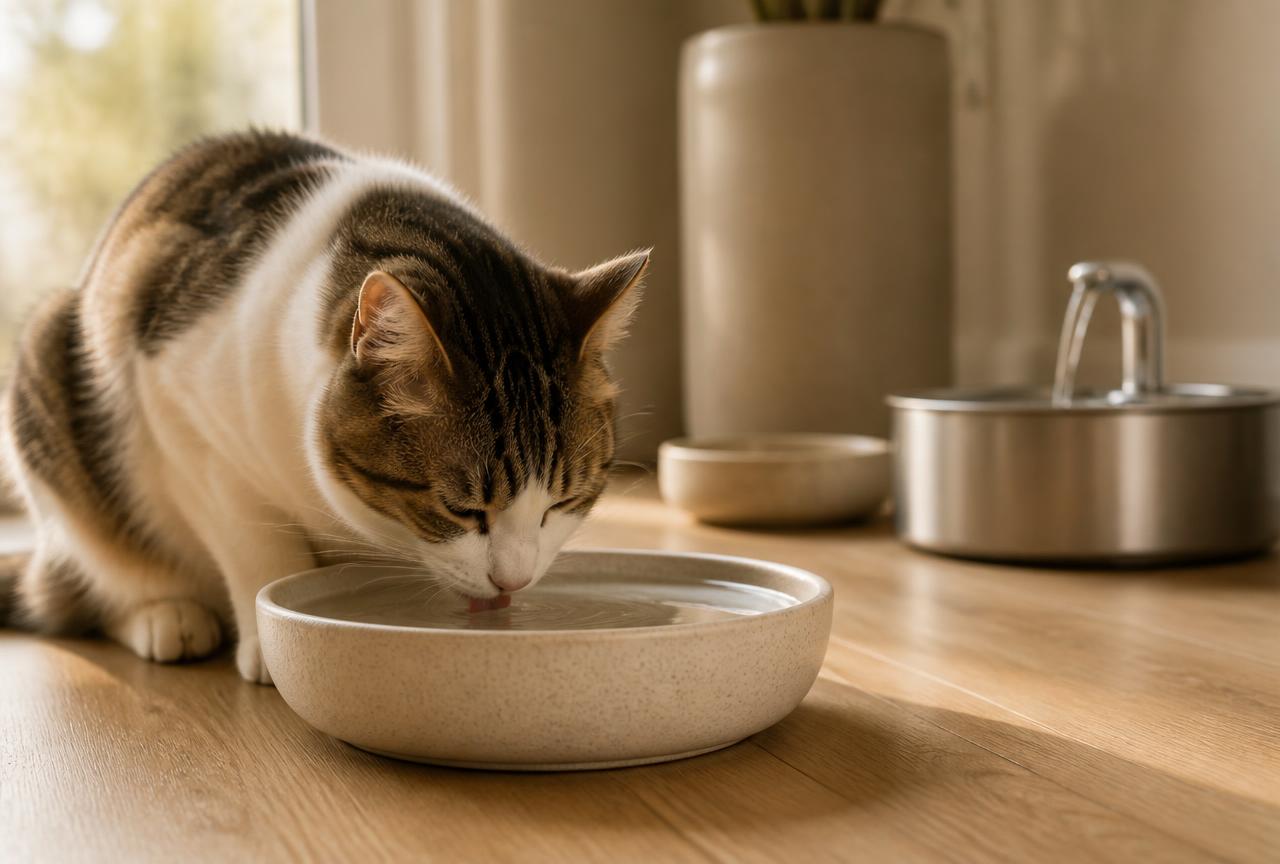 A cat drinking from a wide shallow ceramic bowl with a water fountain behind