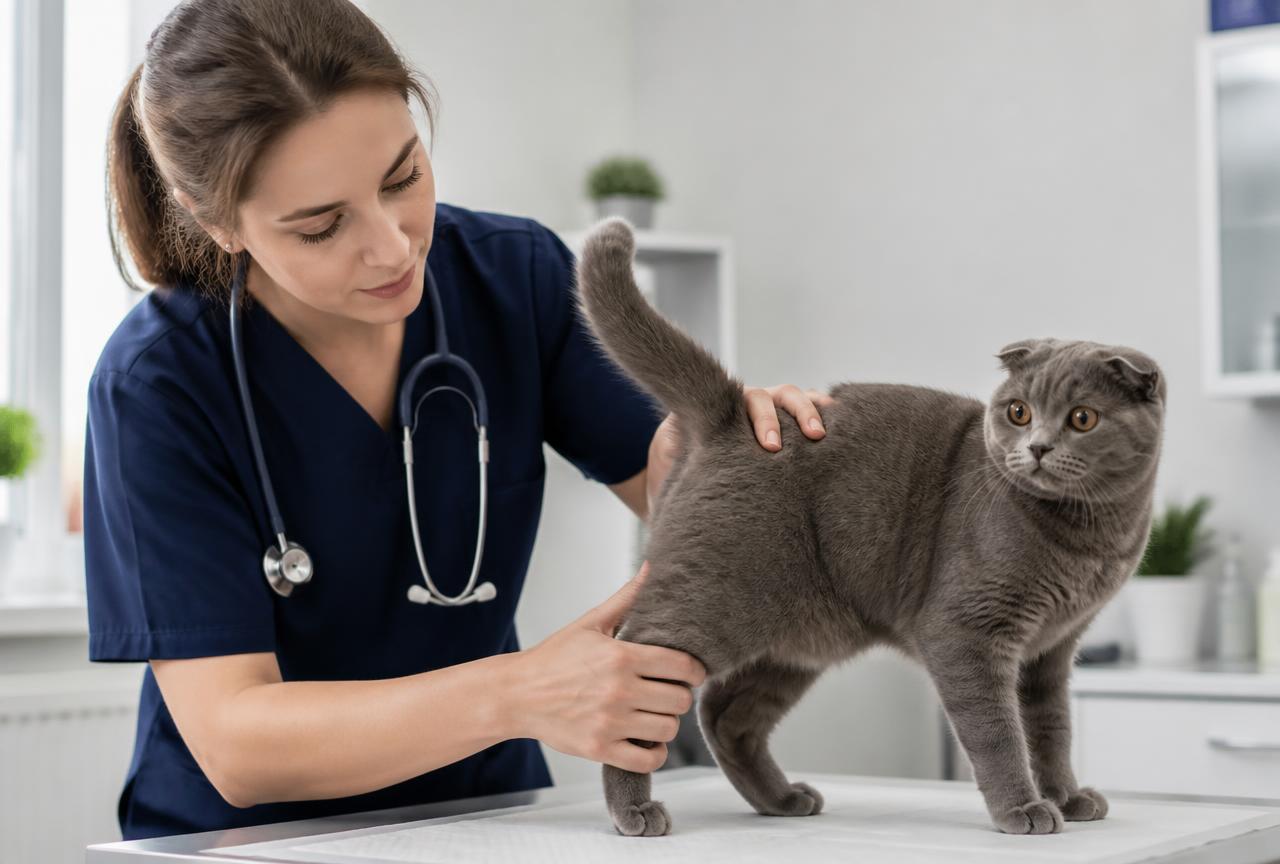 Veterinarian gently examining the hind leg and tail base of a grey Scottish Fold cat on an examination table