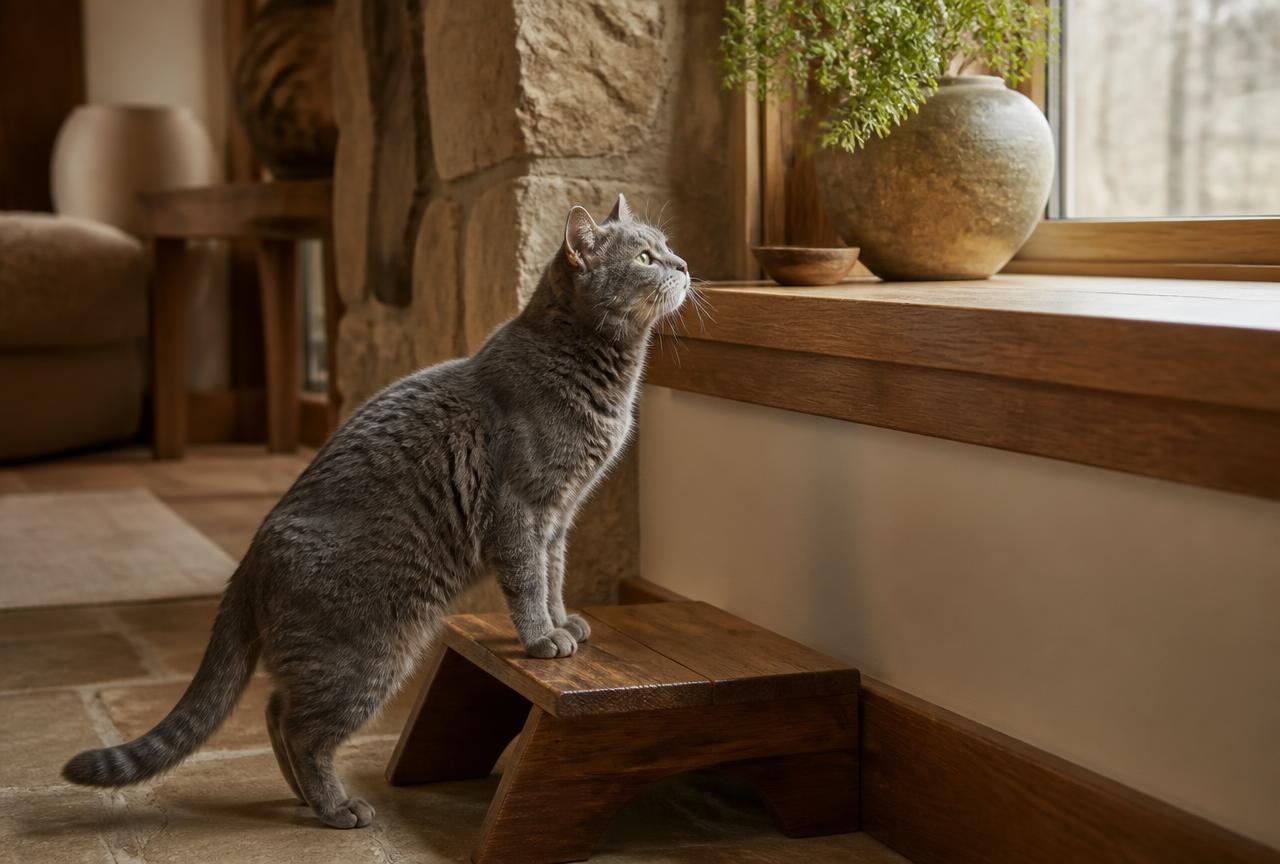 An older grey cat standing on a low wooden step stool beside a tall oak windowsill, looking up rather than jumping