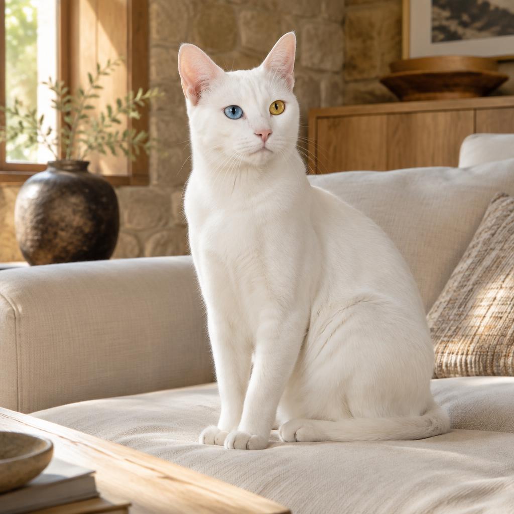 A pure white Khao Manee cat with one blue eye and one gold eye sitting in warm window light
