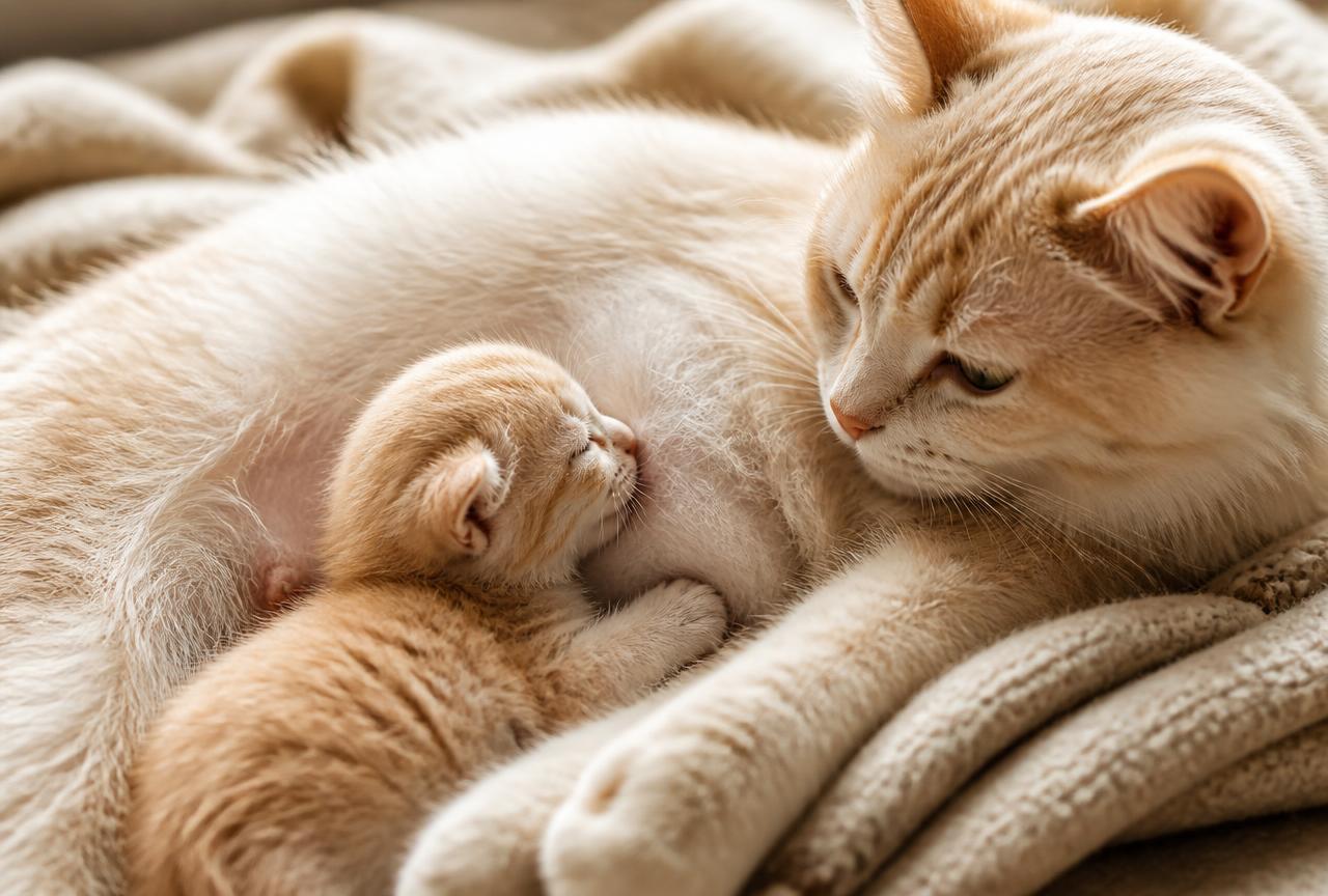 A tiny kitten nursing from its mother on a folded wool blanket in warm light