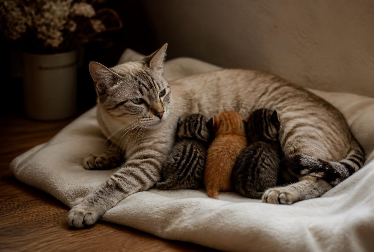 A tabby mother cat lying on a cream blanket in a quiet corner nursing three small kittens