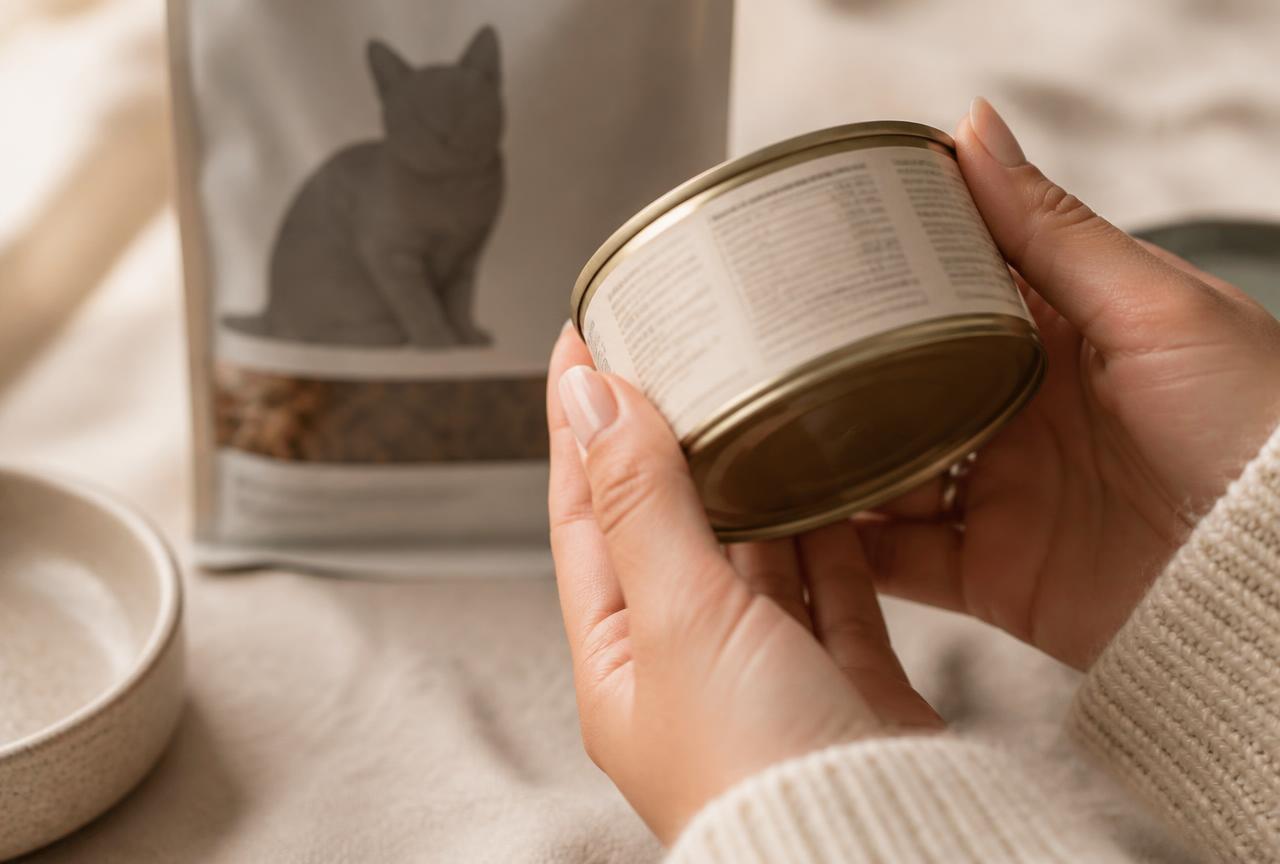 Hands holding a cat food tin turned to show the small-print nutrition panel, a bag of kibble behind it