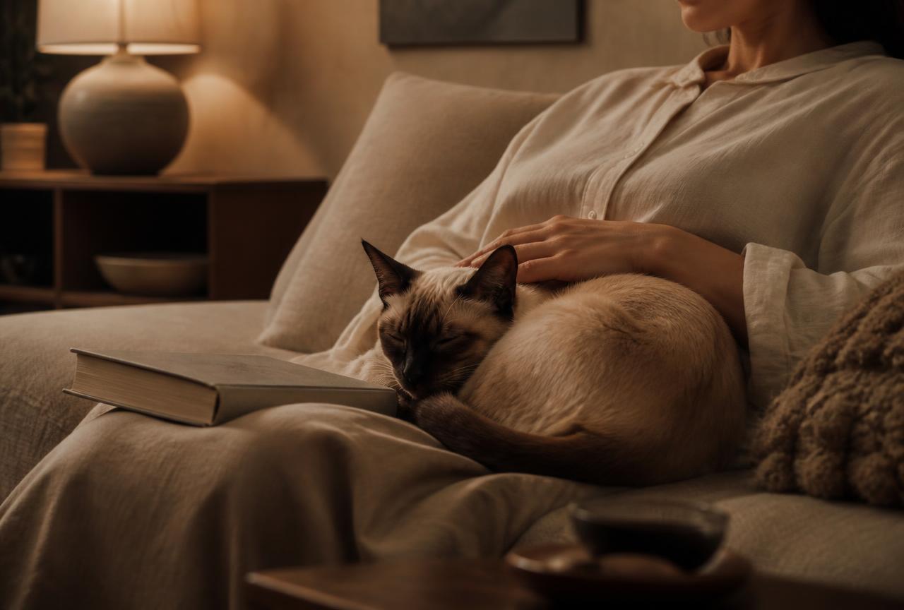 A Siamese cat curled asleep on a person's lap on a linen sofa beside a book in lamplight