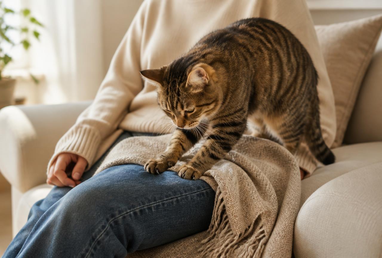 A cat kneading a person's lap on a linen sofa with a folded throw across the knees
