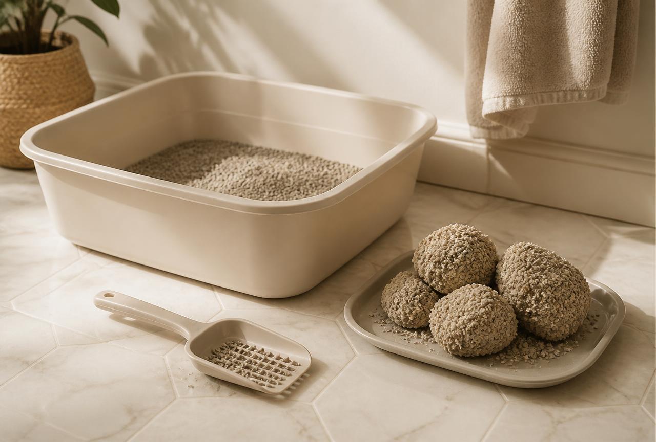 A pale litter tray beside a scoop and a plate holding several unusually large clumps of used litter