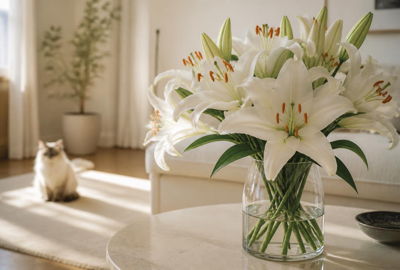 A vase of white lilies with orange pollen on a table, a cat in the background