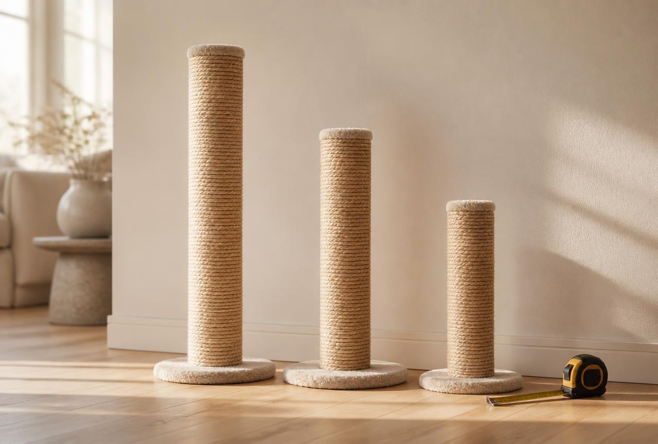 Three sisal scratching posts of decreasing height standing against a cream wall with a tape measure on the floor