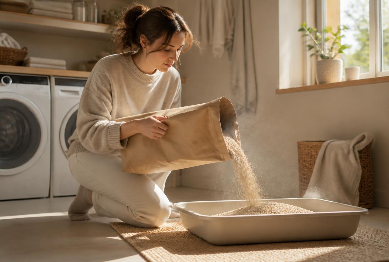 A person pouring cat litter from a plain paper bag into a tray, fine dust visible in sunlight