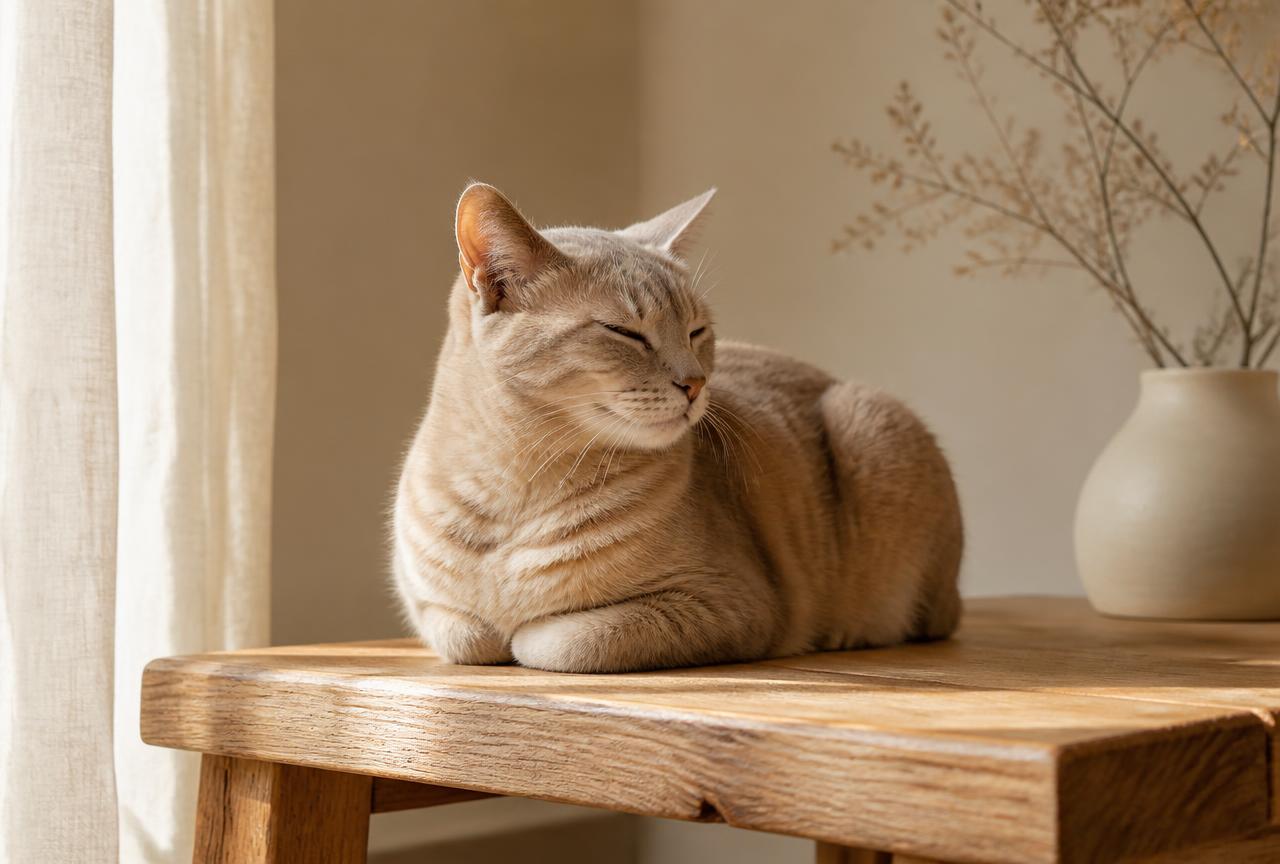 A cat resting in a compact loaf posture on a wooden bench, eyes closed, one ear turned sideways