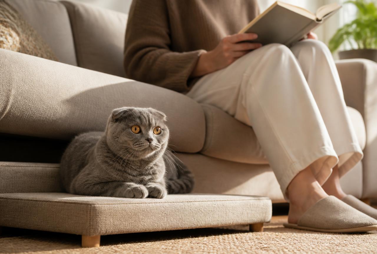 Grey Scottish Fold cat lying on a low padded step beside a person reading on a sofa
