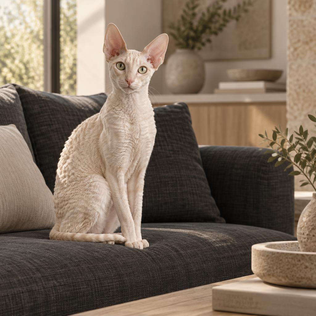 A cream Cornish Rex with a short wavy coat sitting upright on a dark charcoal linen sofa in warm window light