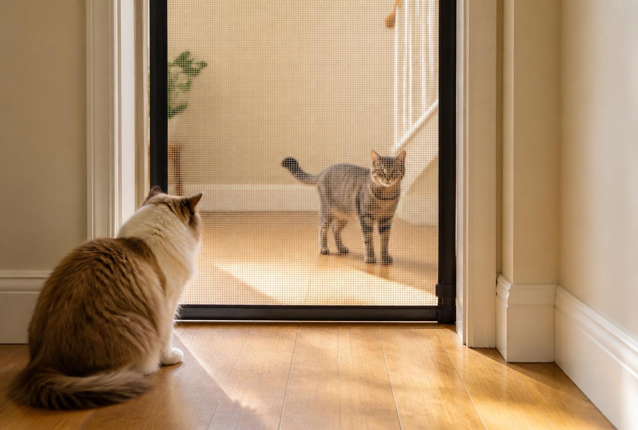 A longhaired cat sitting in a doorway looking through a tall mesh pet gate at a grey tabby cat in the next room