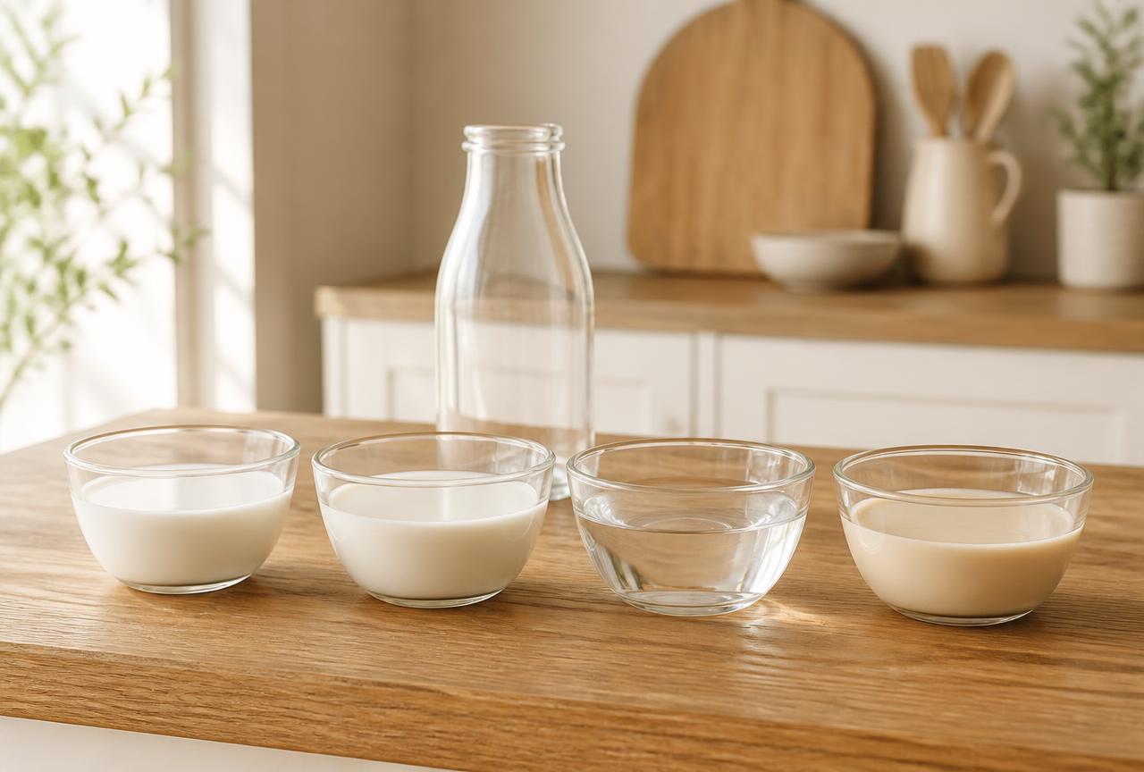 Four small glass bowls in a row holding cow milk, lactose-free milk, water and a plant milk, on an oak counter