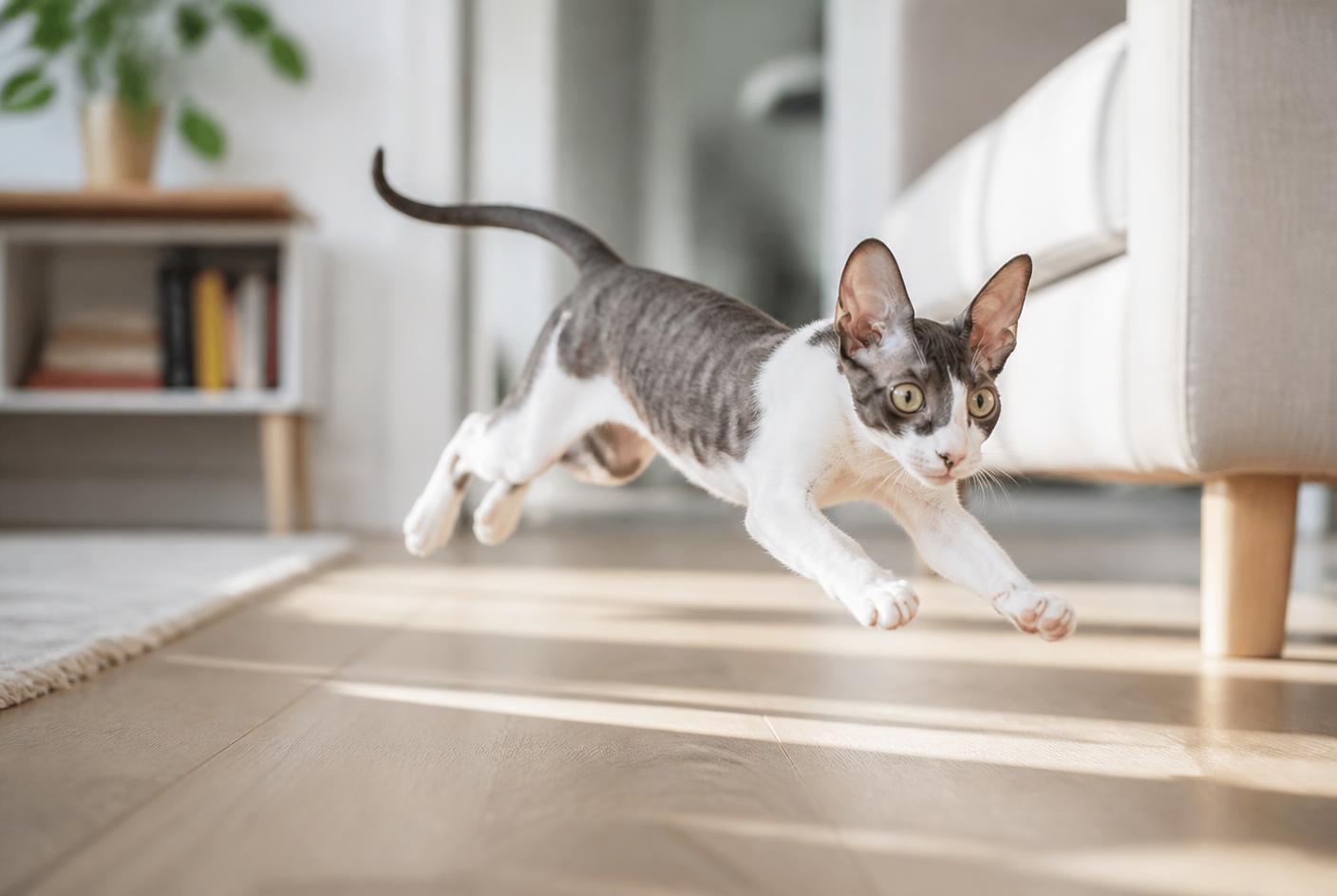 Cornish Rex cat sprinting across a bright living room