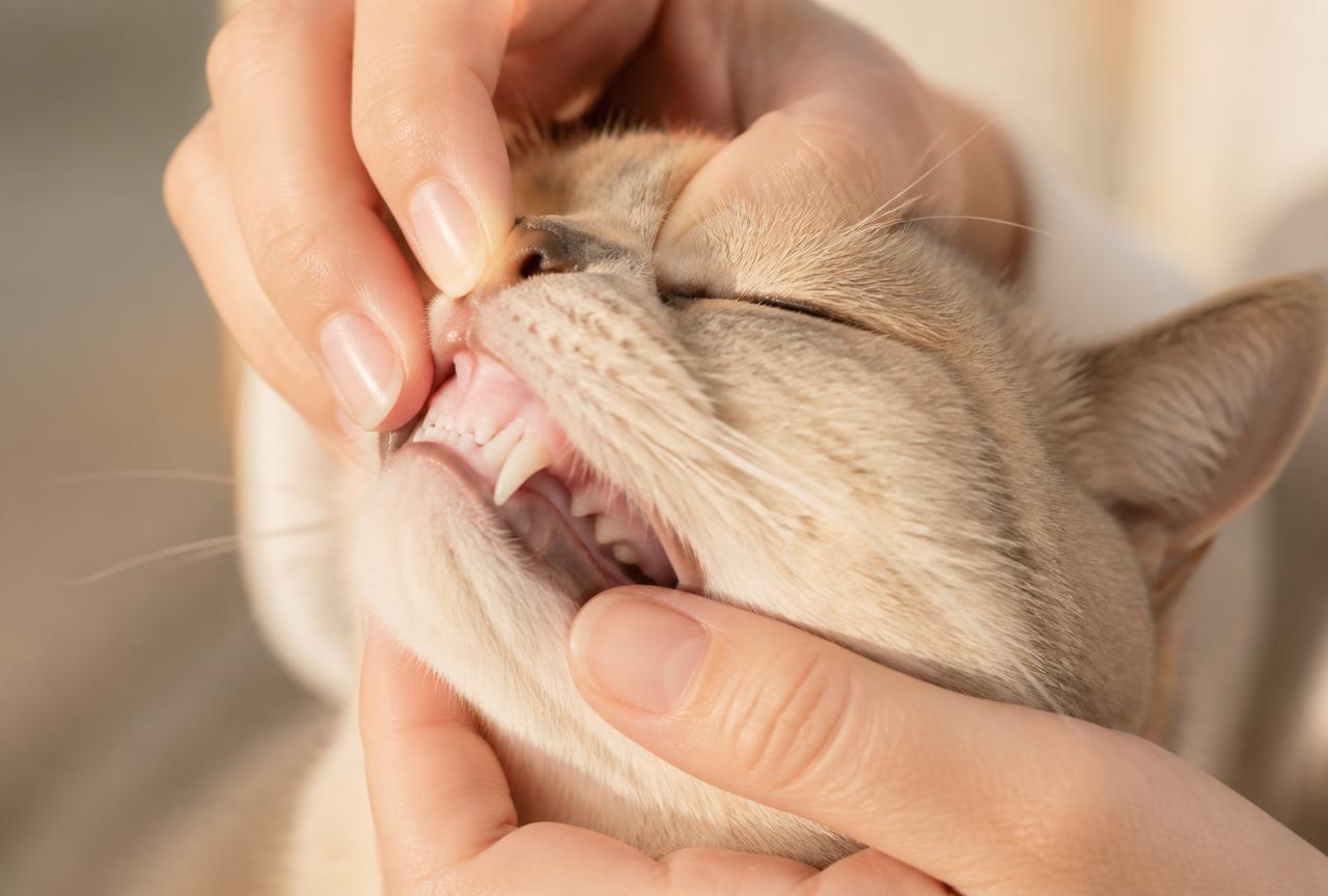 Close-up of a person gently lifting a cream cat's lip to inspect the gums and teeth