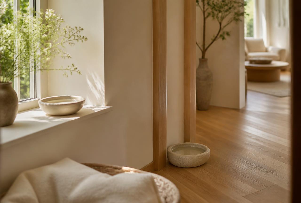 Water bowls placed in different parts of an airy home, one on a windowsill and one on a hallway floor