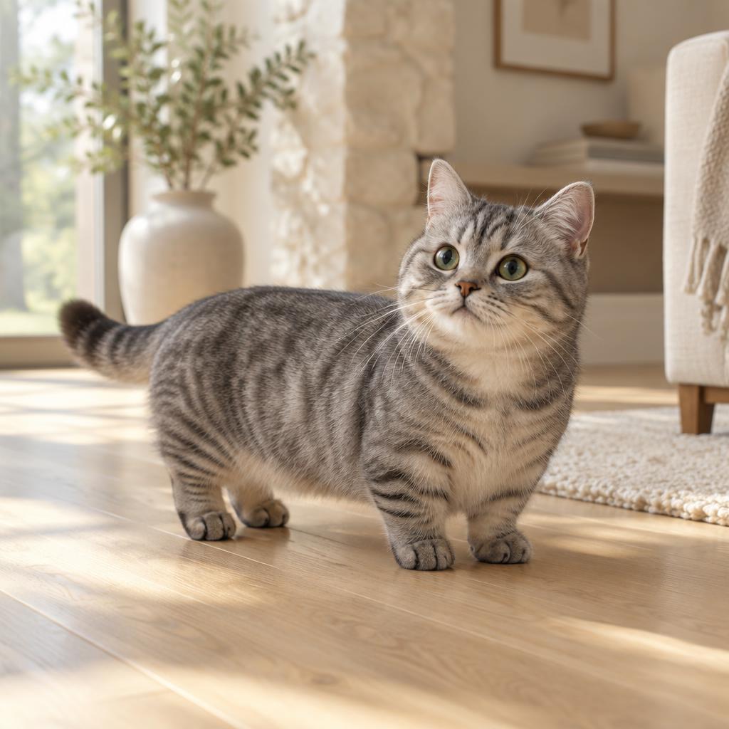A grey tabby Munchkin cat with short legs standing in warm window light on an oak floor