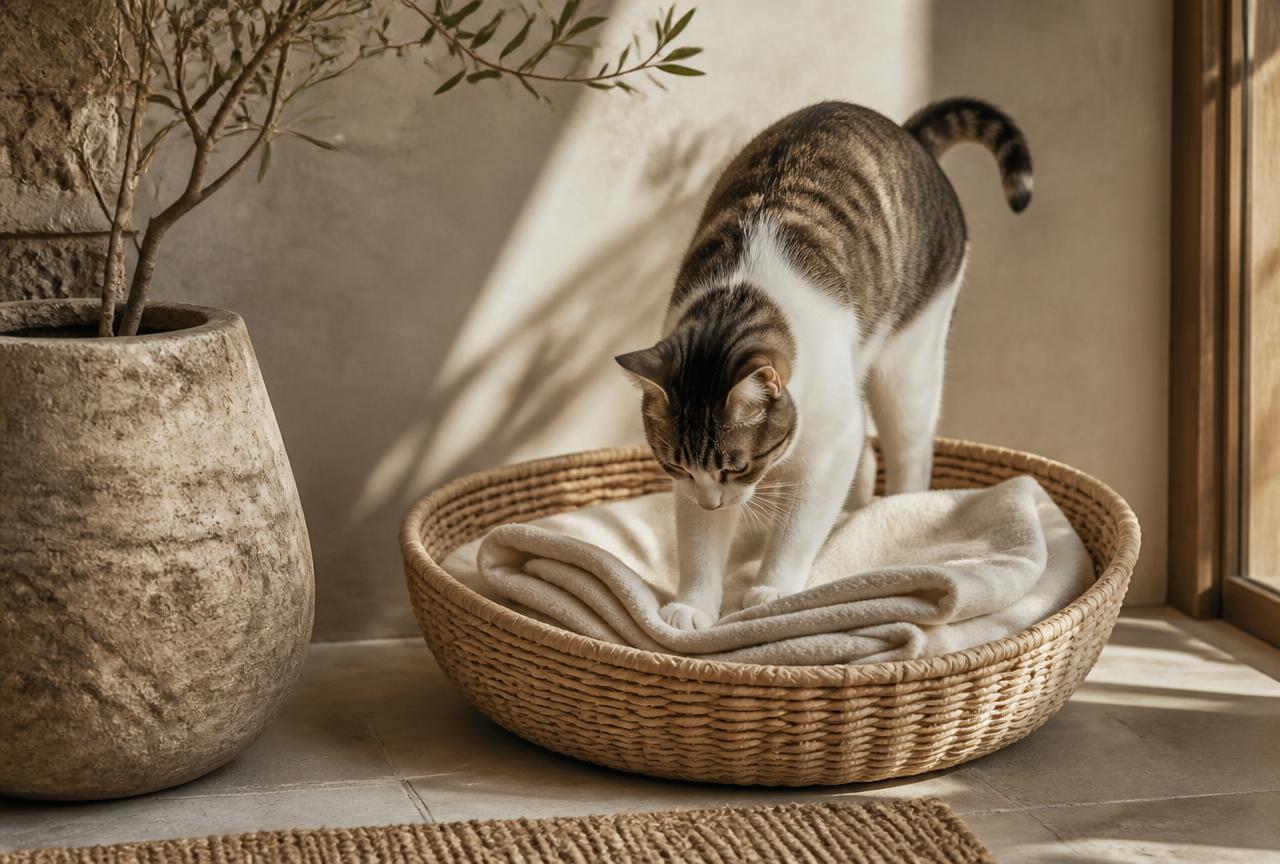 A cat pressing down a folded blanket in a woven basket bed