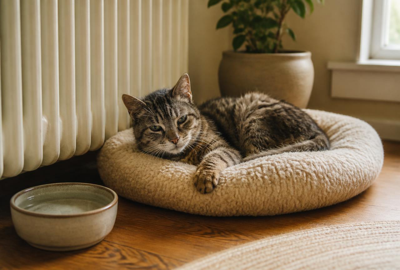 An elderly grey tabby cat with a greying muzzle resting on a cushioned bed beside a radiator with a water bowl nearby