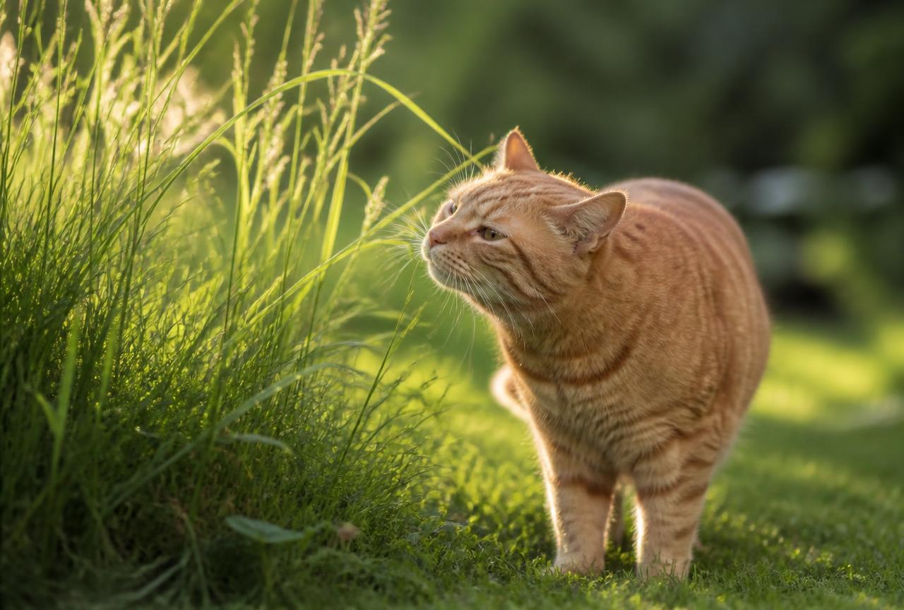 A ginger cat sniffing meadow grass in late-afternoon light