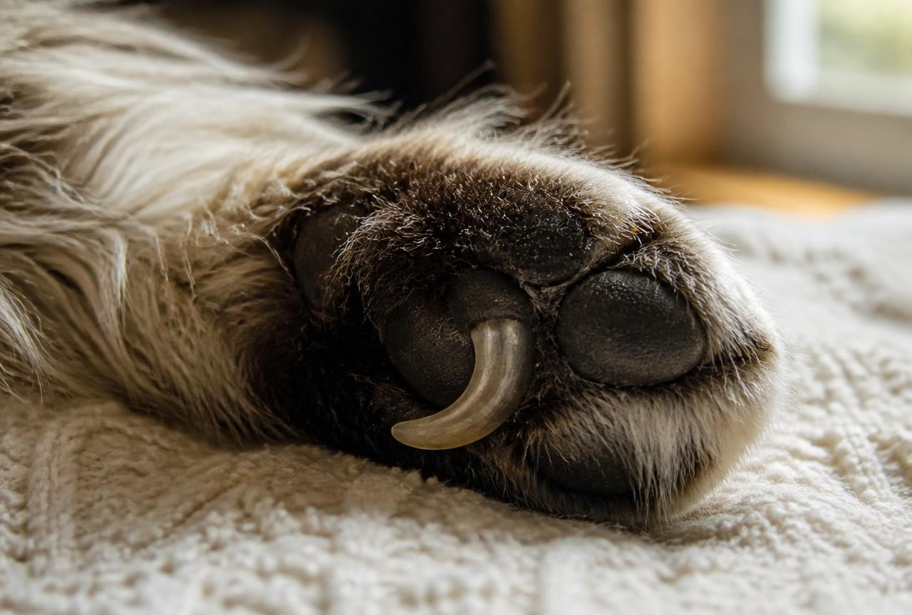 Close-up of an elderly longhaired cat''s paw on a cream blanket with one thickened claw curving towards the pad
