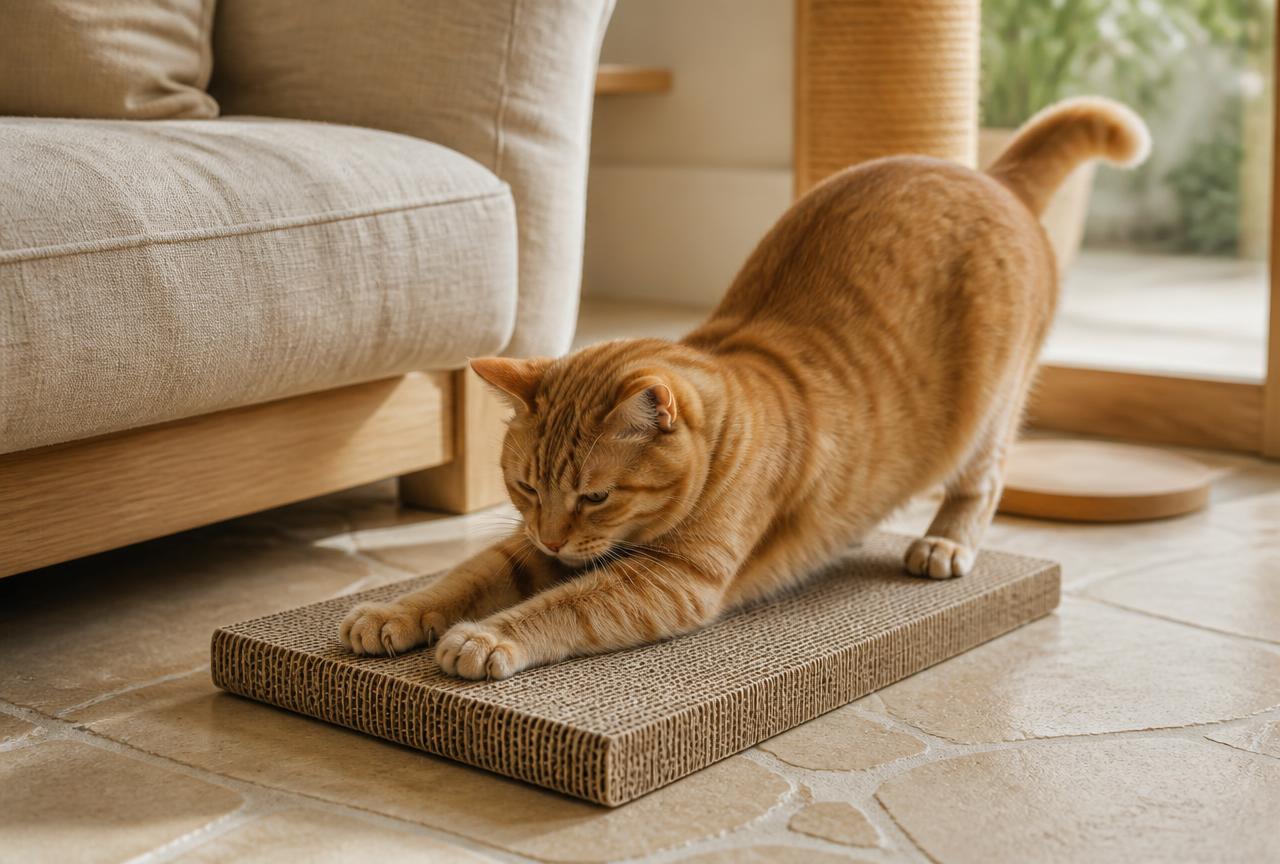 A ginger cat scratching a flat corrugated cardboard pad on a stone floor beside a linen sofa
