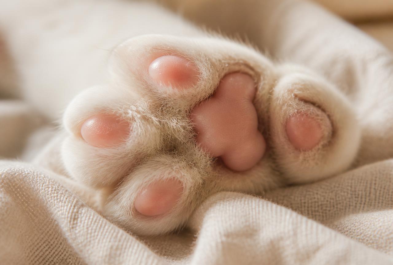 Close-up of a cat's front paw pads and spread toes on a linen throw
