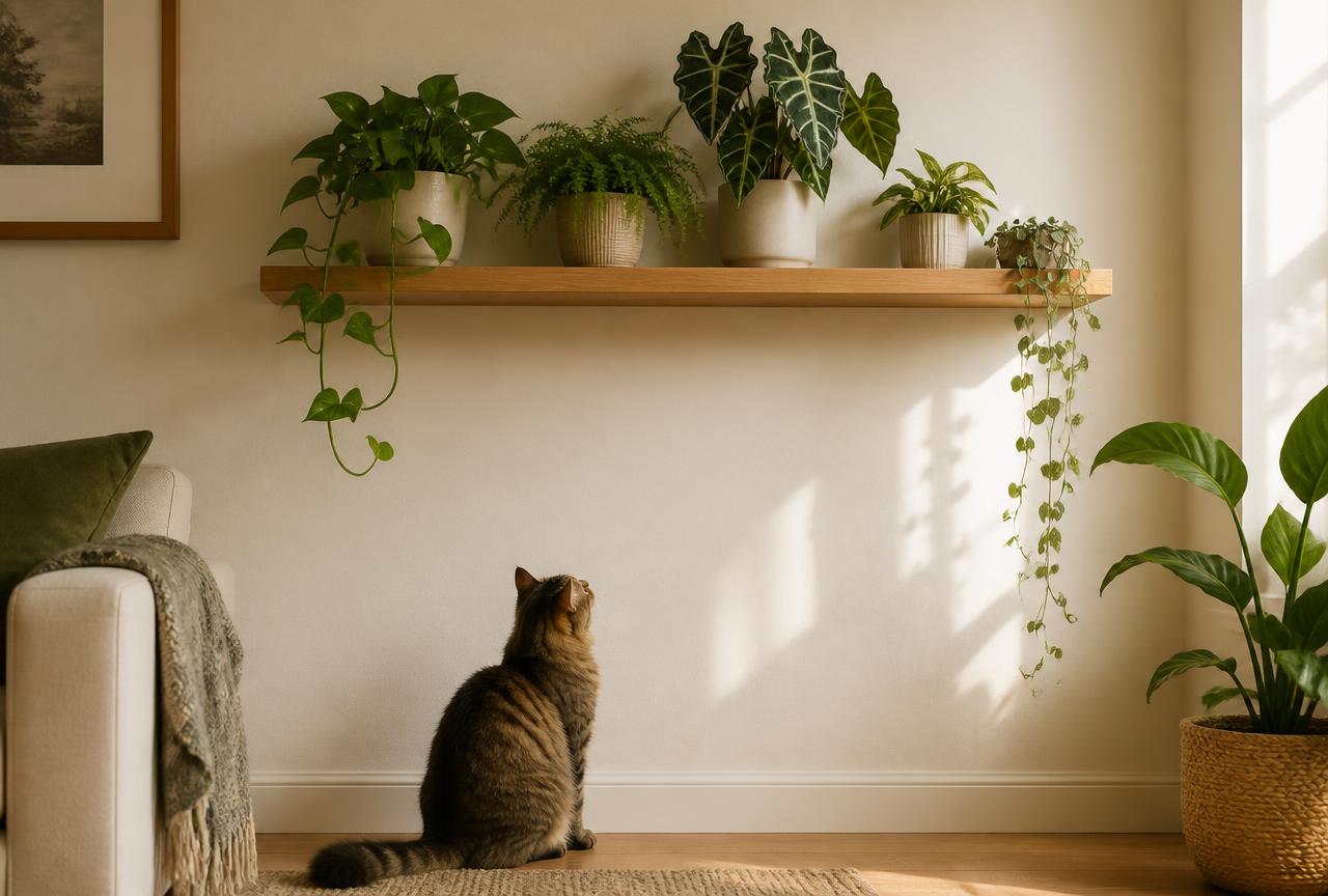 Houseplants on a high oak shelf with a cat sitting on the floor looking up