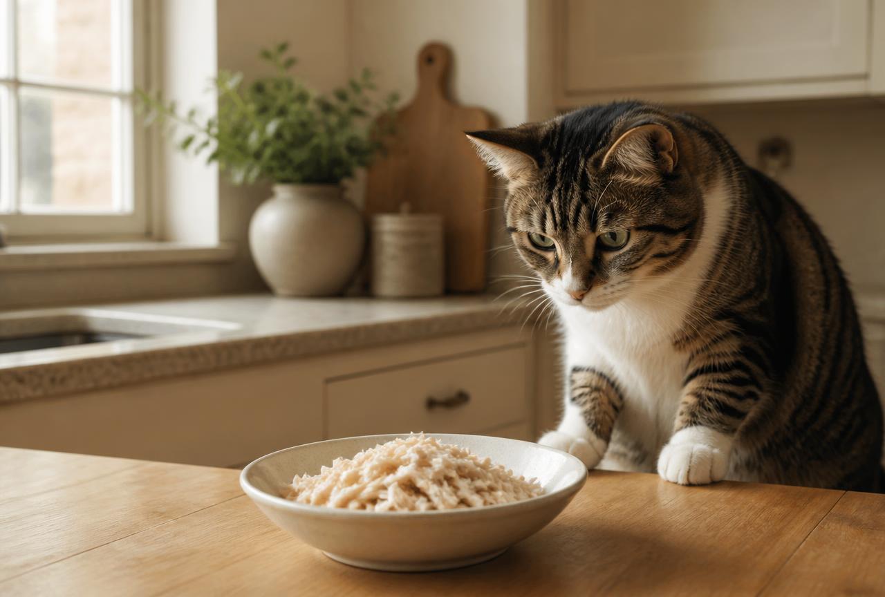 A cat inspecting a small bowl of plain shredded chicken on an oak table