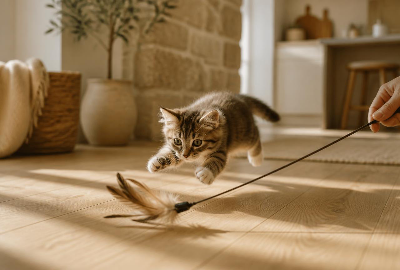 A tabby kitten leaping mid-air after a feather wand toy trailing across a pale oak floor in sunlight